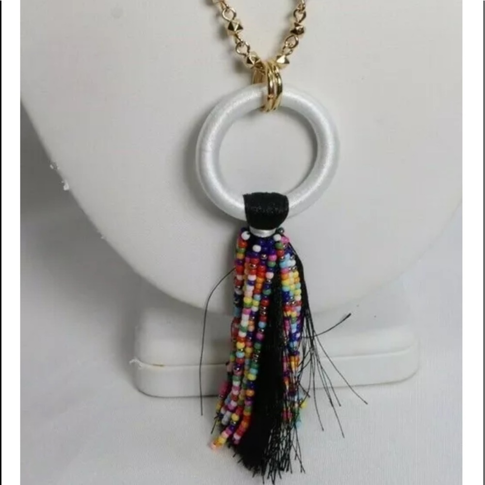 INC Gold Tone White Bead Multi Color Tassel Necklace
